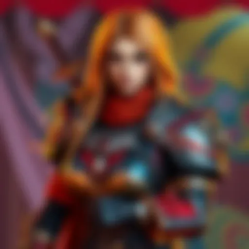 A person dressed as Brigitte in detailed cosplay, showcasing armor and weapons, set against a colorful backdrop
