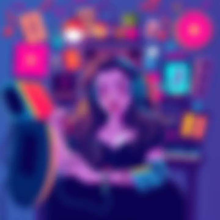 A vibrant illustration of music notes and items that represent Brigitte's character, showcasing a lively atmosphere