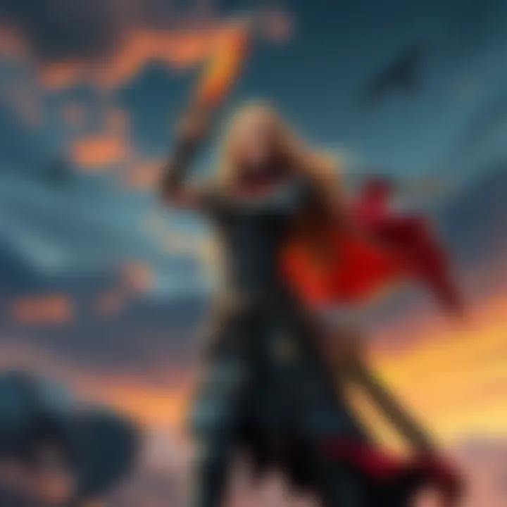 Briony Belrose in Warrior Stance Briony Belrose, a fierce zealot barbarian, stands confidently with her sword raised, wearing armor adorned with symbols of Sune, surrounded by a vibrant landscape reflecting her inner strength and str...