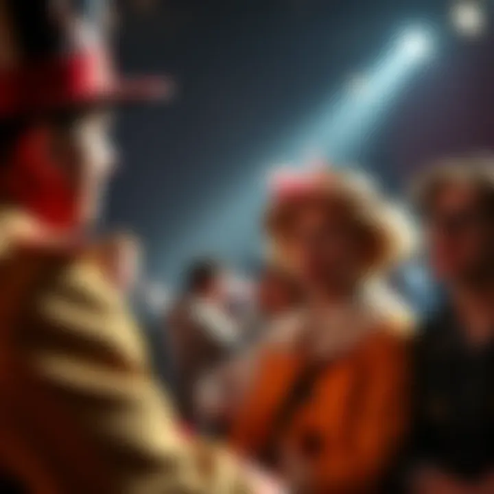 A performer in costume mimicking a British character, with a surprised Londoner in the audience watching in disbelief.