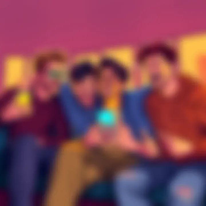 A group of friends laughing and using smartphones, showcasing the term 'Bro' in online communication. They are enjoying memes and social media together.