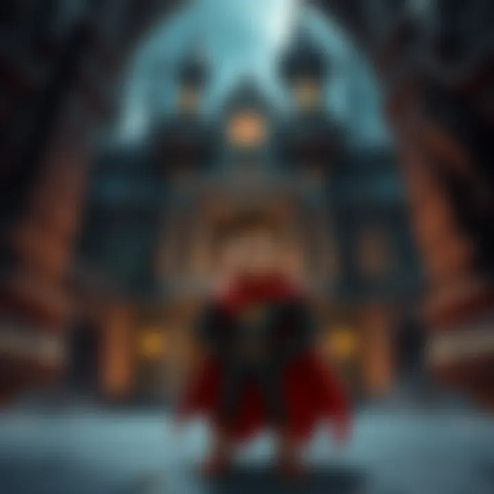 A character named Bro stands confidently in a spooky castle, surrounded by gothic architecture and shadows, hinting at an adventure in Drac's Castle.