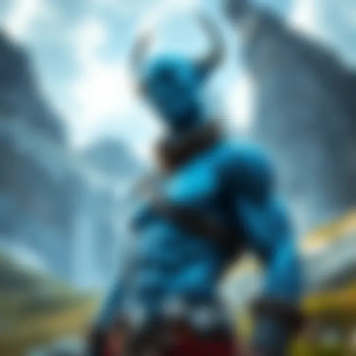 Brok, a character with blue skin, standing confidently with a backdrop of a mythical landscape.
