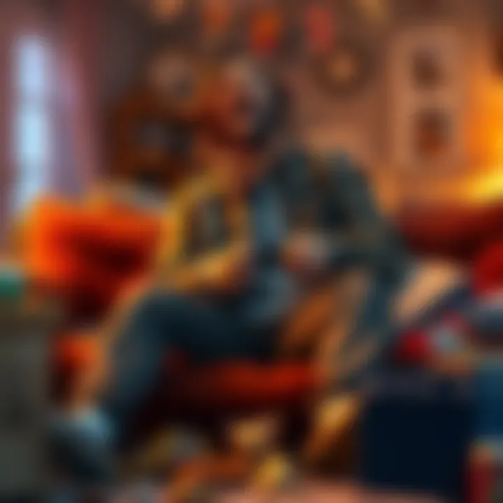 A broke guy sitting on a couch, laughing while playing his PS4, surrounded by snacks and a messy room.