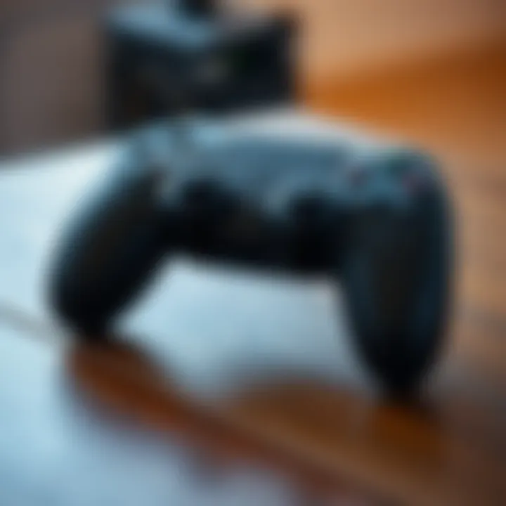 Broken gaming controller on a table A close-up of a malfunctioning gaming controller with some buttons not working, placed on a wooden table