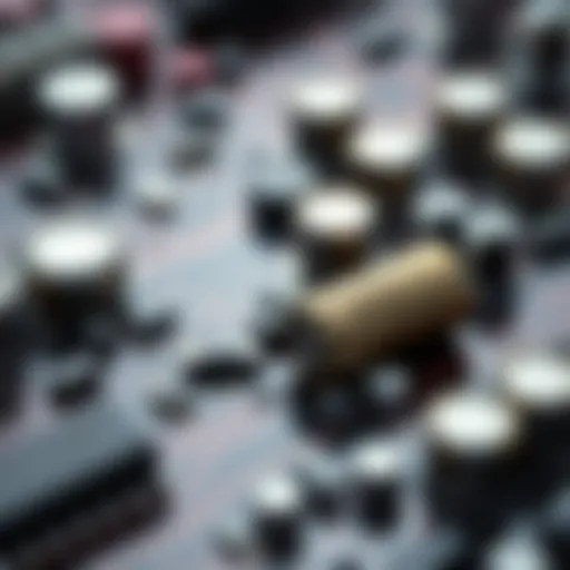 Broken Capacitor on Motherboard A close-up view of a damaged motherboard with a broken capacitor lying next to it, showcasing the area where it was attached.