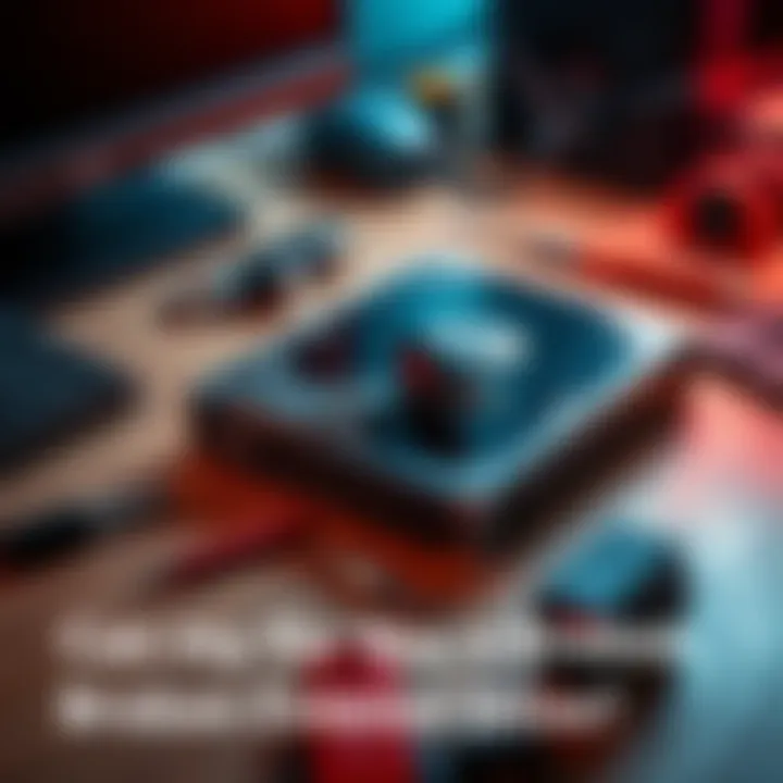 A broken external hard drive lying on a table with a piece missing, surrounded by tools and a computer