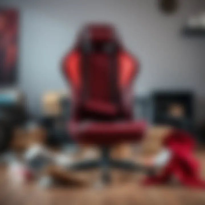 Broken Gaming Chair A damaged gaming chair with ripped fabric and a cracked frame sits on the floor, surrounded by discarded packaging materials.