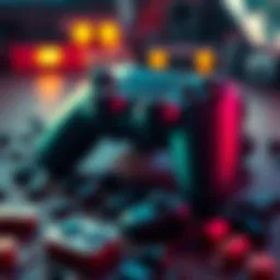 A close-up of a broken gaming controller lying on a table with scattered game pieces around it