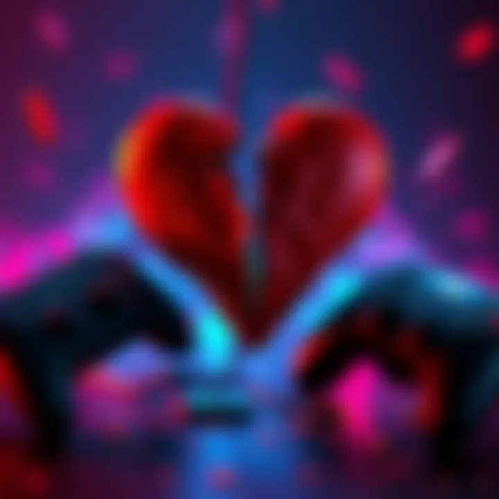 A heart symbol cracked in half, surrounded by gaming controllers, showing betrayal in the gaming industry.