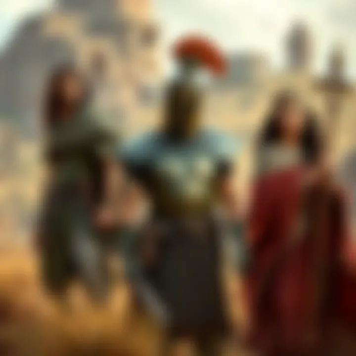Three distinctive Bronze Age characters: a rogue with tattered clothing, a warrior in bronze armor, and a priestess holding a staff, set against a historical landscape.