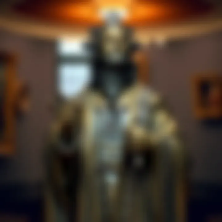 A bronze statue of a saint, showcasing intricate details and artistic craftsmanship, surrounded by an art gallery setting.