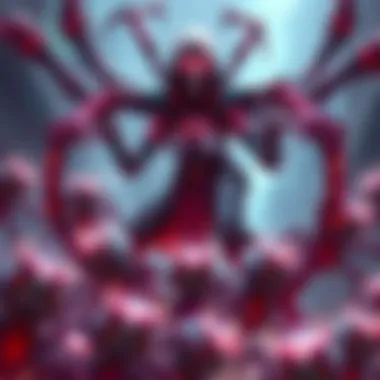 Broodmother Gaming Hero An illustration showing Broodmother surrounded by spiderlings in a gaming environment, highlighting her character design and gameplay elements.