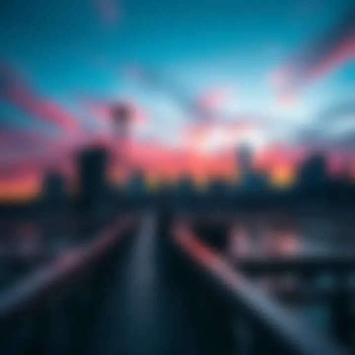 A view of the Brooklyn Bridge with the New York City skyline in the background during sunset, showcasing vibrant colors in the sky.