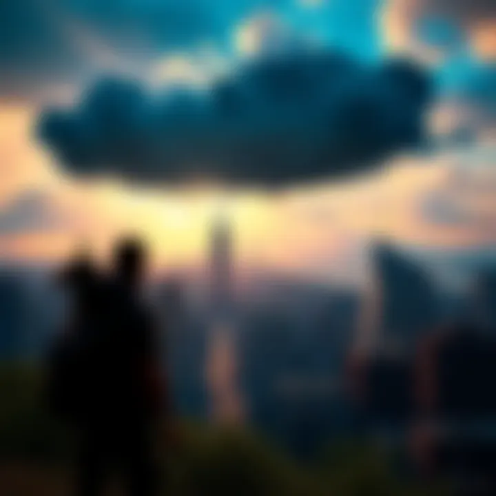A player character standing at a city overlook, gazing at a skyline with a dark cloud above, symbolizing unresolved storylines in the Brooklyn DLC.