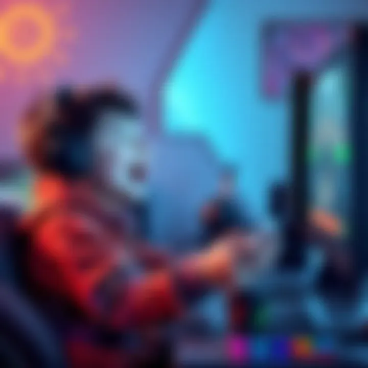 A young gamer with a big smile sits in front of a screen, playing Elden Ring, surrounded by snacks and gaming gear.