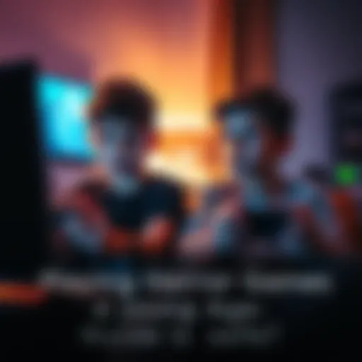 Two brothers playing a horror video game together A young boy watches intently as his older brother plays a horror video game on a console, both focused on the screen in a dimly lit room.