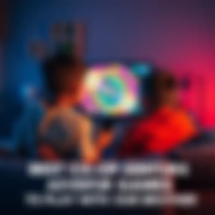 Two brothers playing a co-op adventure game Two young brothers sitting on a couch, focused on a video game together, with a large screen showing colorful game graphics in front of them.