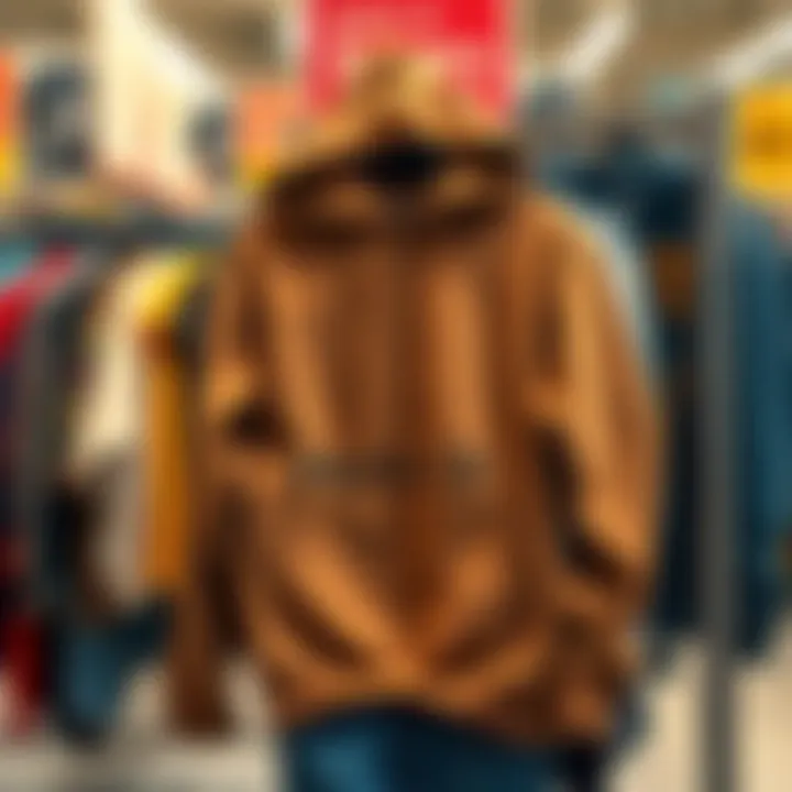 A brown Halo hoodie displayed on a rack at a thrift shop, surrounded by other clothing items.