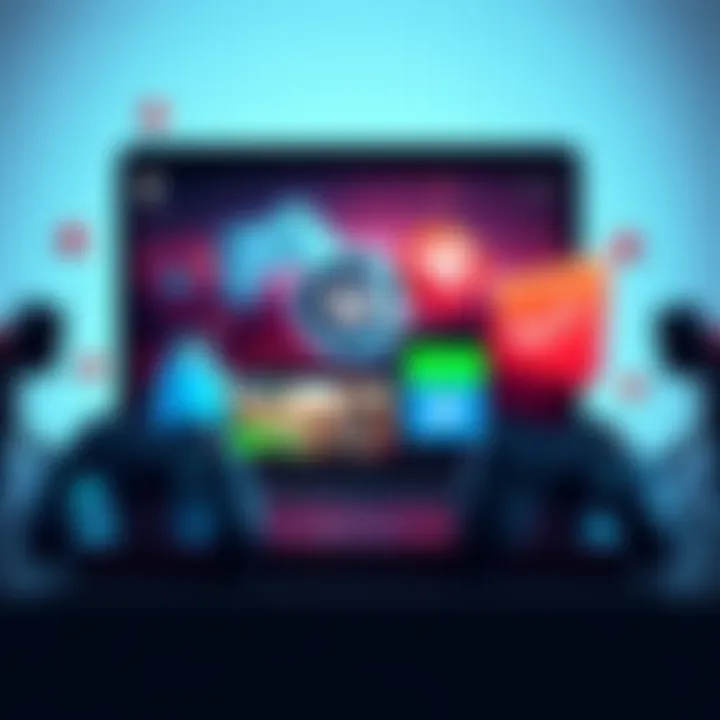 A laptop showing gameplay on a browser, with gaming icons around it, symbolizing accessibility in gaming.