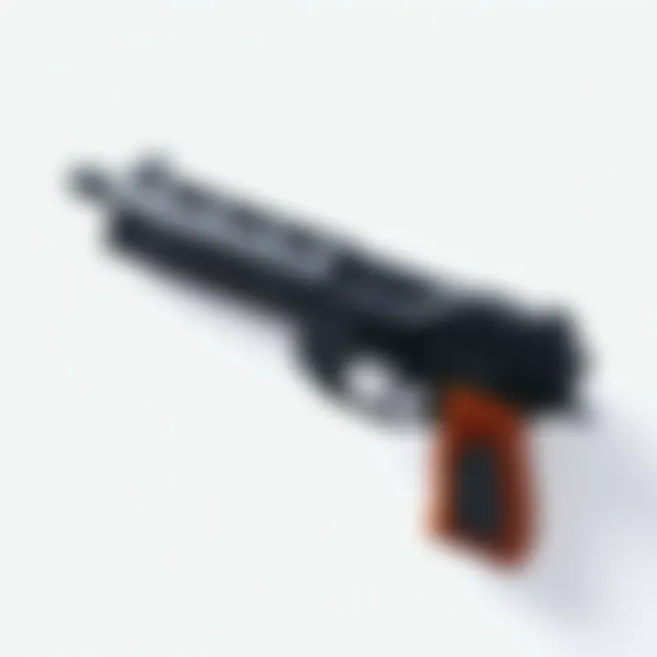 A close-up view of the BRRRT battle pistol highlighting its design and features, set against a plain background.