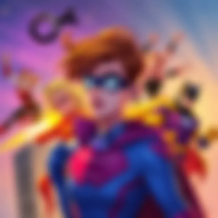 A colorful illustration showcasing Bruce Timm's unique animation style with bold lines and dynamic superhero poses.