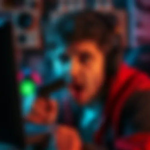 A gamer reacts intensely to a brutal death in a video game, with a shocked expression and a gaming setup in the background.