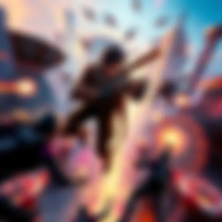 A character engaged in intense combat against enemies in a vibrant sky city environment.