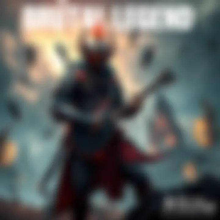 A fierce warrior with electric guitar stands in a fantasy landscape filled with heavy metal elements and dark skies.