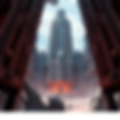 A towering, surrealist Brutalist building with sharp angles and dark shadows, showcasing an otherworldly architecture inspired by Tsutomu Nihei’s work.