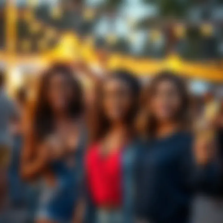 A group of confident individuals embracing the Brûz lifestyle with smiles and vibrant clothing at a lively outdoor gathering.