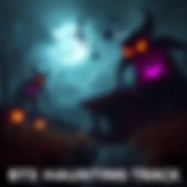 A screenshot showing a dark, eerie game environment with looming BTs in the background and music notes floating in the air, symbolizing the haunting track.