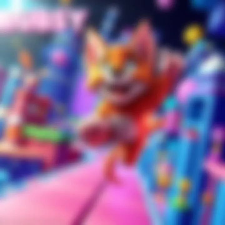 Bubsy the cat jumping through a vibrant 3D platform filled with obstacles and characters