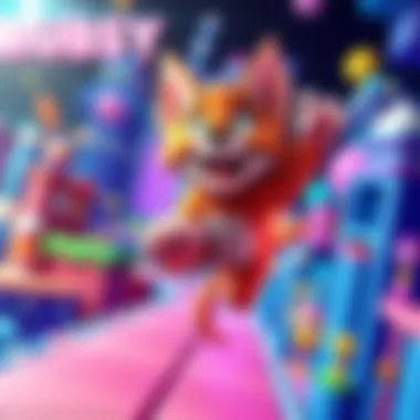 Bubsy in a colorful 3D world Bubsy the cat jumping through a vibrant 3D platform filled with obstacles and characters