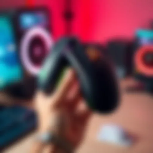 A hand holding a Redragon M916 gaming mouse next to a premium gaming mouse, showcasing budget-friendly vs. expensive options.
