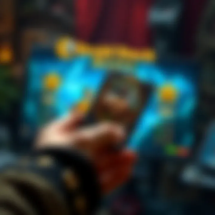 A player holding a Druid card while looking at a gaming screen showing the rank progression from bronze to gold.