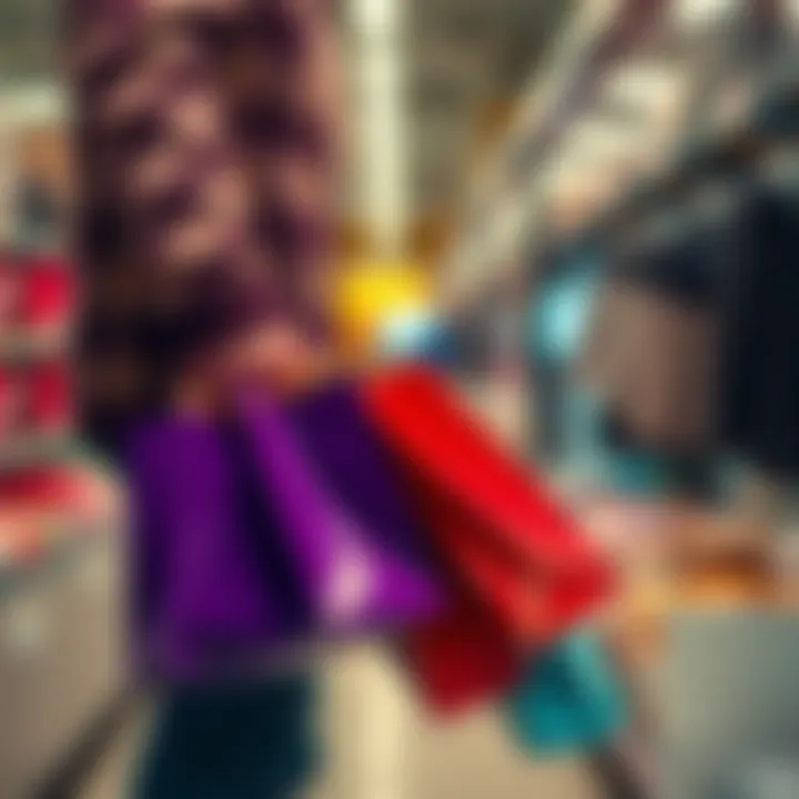 A person holding shopping bags while comparing prices at a store, showcasing savings strategies.