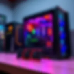 Gaming PC with budget components A gaming setup showcasing a budget-friendly PC with colorful LED lights and a mid-range graphics card, illustrating good performance without high costs.