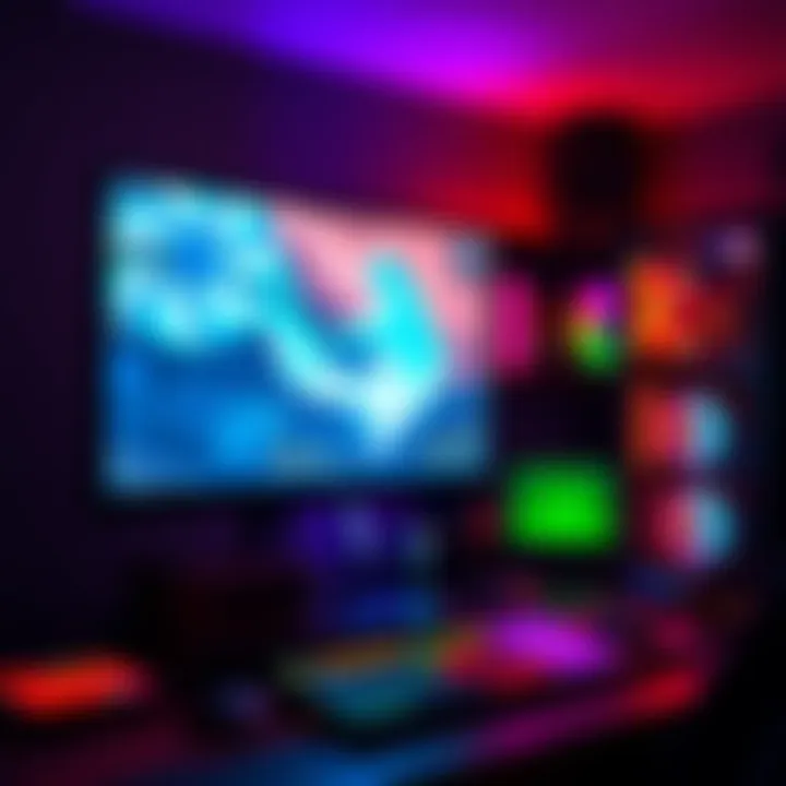 A completed gaming PC setup with affordable parts, displaying a monitor running a game, creating a vibrant gaming atmosphere.