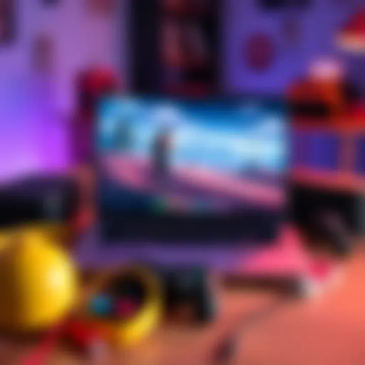 A budget Mac laptop displayed with Fortnite game on the screen, surrounded by colorful gaming accessories.