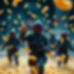 A group of players appear invincible in a game scene, with floating pasta graphics around them, showcasing the game bug effect.