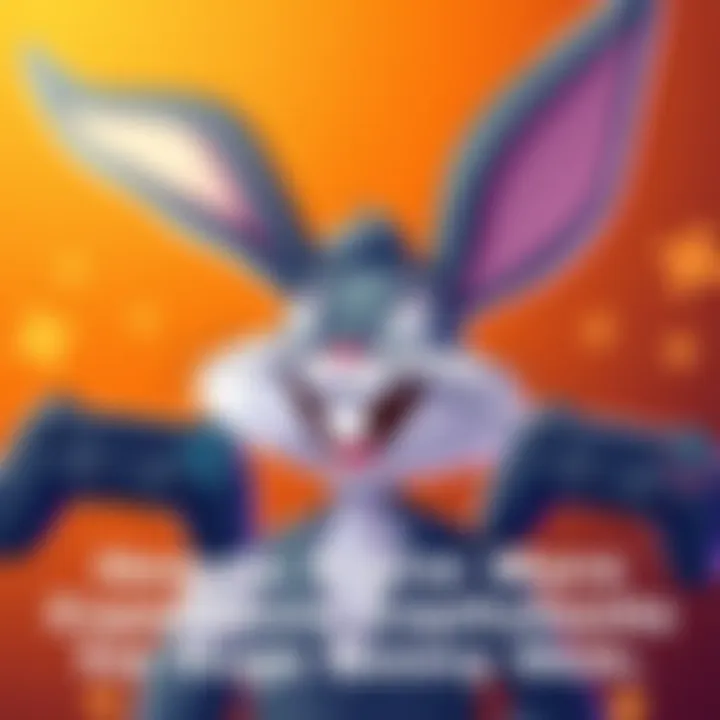 An illustration of Bugs Bunny, a cartoon character with large ears and a playful expression, surrounded by gaming elements like controller icons and experience points, symbolizing gaming achievement.