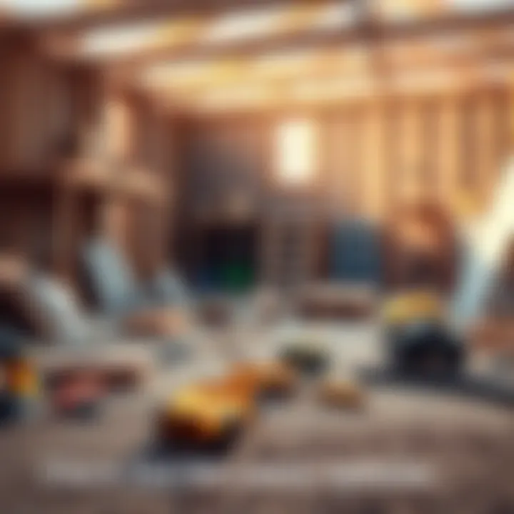 A visual representation of a construction site showing various stages of a build project with tools and materials scattered around.