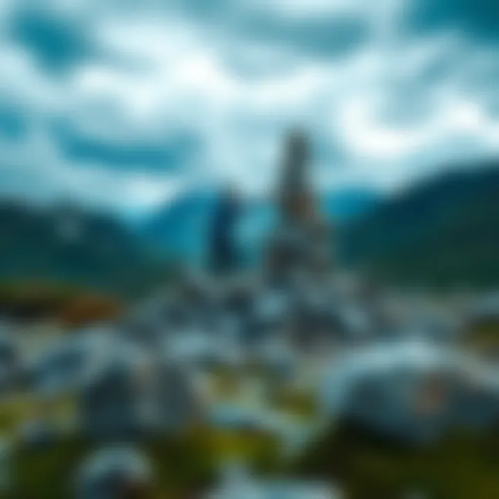 A person stacking stones to create a cairn in the Jotunheim mountains, surrounded by rocky terrain and greenery.