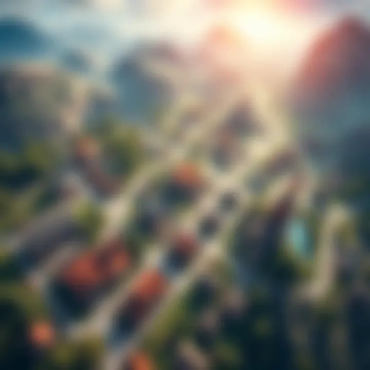 A screenshot showcasing multiple interconnected towns in a survival game, highlighting buildings and landscapes with players managing resources and settlements.