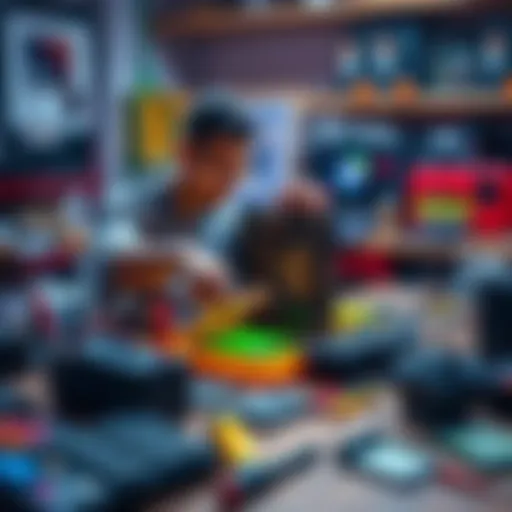 A person assembling computer parts to create a CPU on a workbench with tools and materials around.