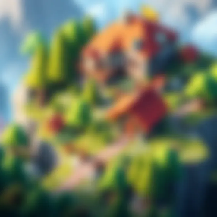 A colorful game scene showing a character constructing a village with trees and houses