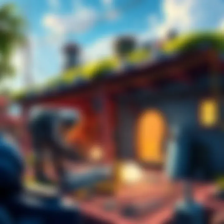 A character working on constructing a home base with tools and materials in a vibrant game world