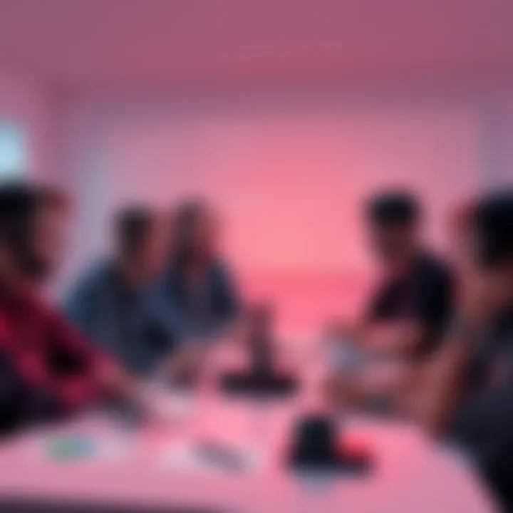 A team of game developers discussing strategies to create a successful live service game, surrounded by charts and game design concepts.