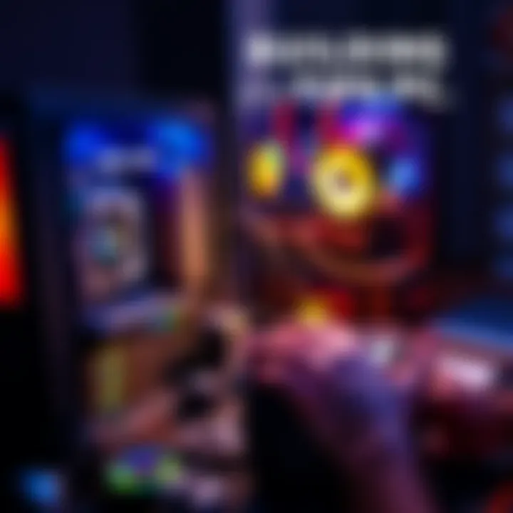 A person assembling a computer with various components like a motherboard, CPU, and graphics card on a workspace